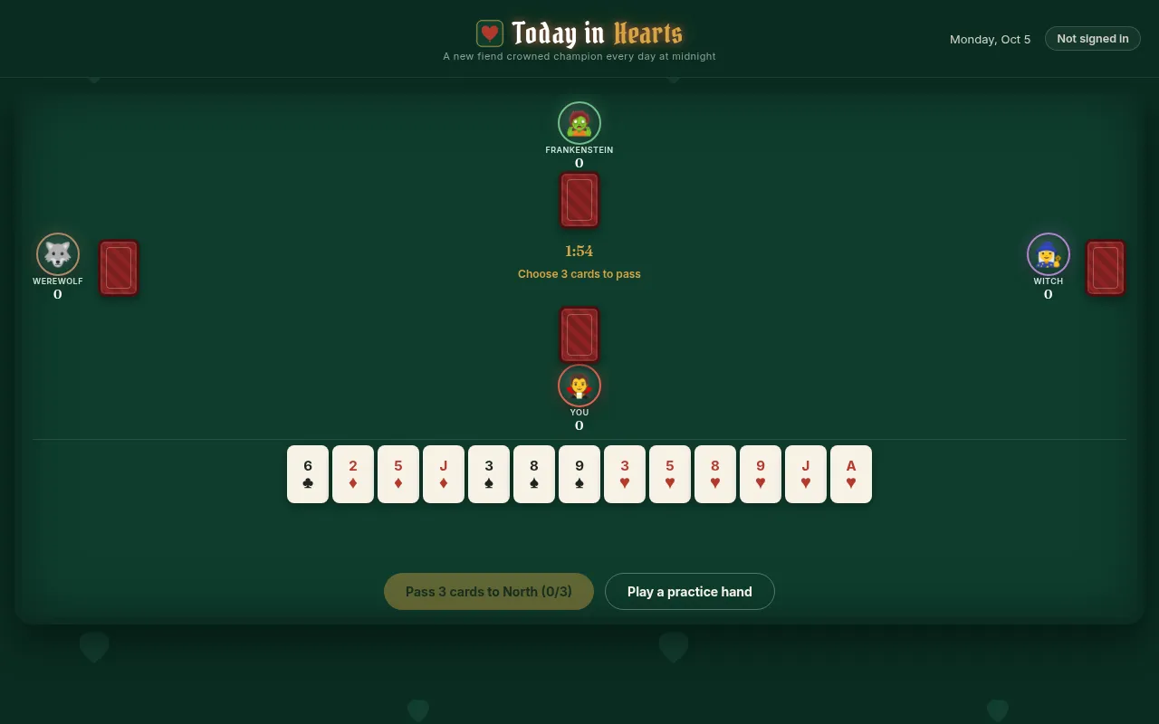 A Today in Hearts table: Frankenstein, the Werewolf and the Witch around a green felt, a 1:54 clock with Choose 3 cards to pass, and a hand of thirteen cards