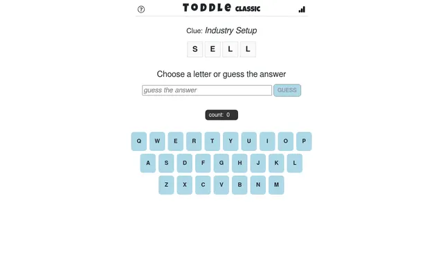 Toddle Classic: the clue Industry Setup above the starter tiles S E L L, a guess box and a letter keyboard