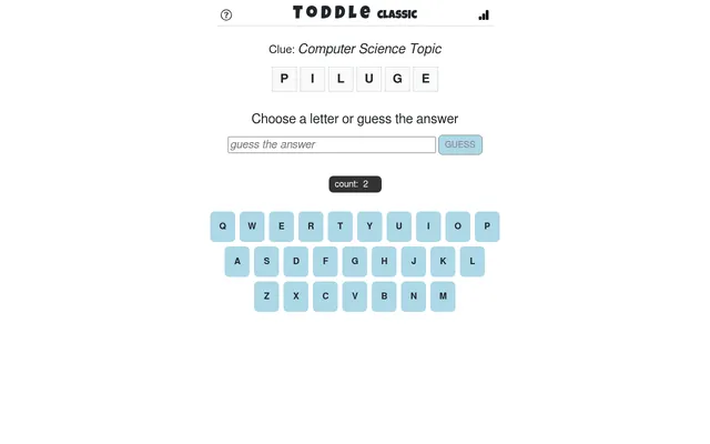 Toddle Classic board for 20 Oct 2026: the clue Computer Science Topic over tiles P I L U G E after two letters added, a guess box, count 2 and a letter keyboard