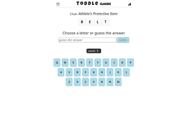 Toddle puzzle with a clue, a four-letter starter word and a letter keyboard