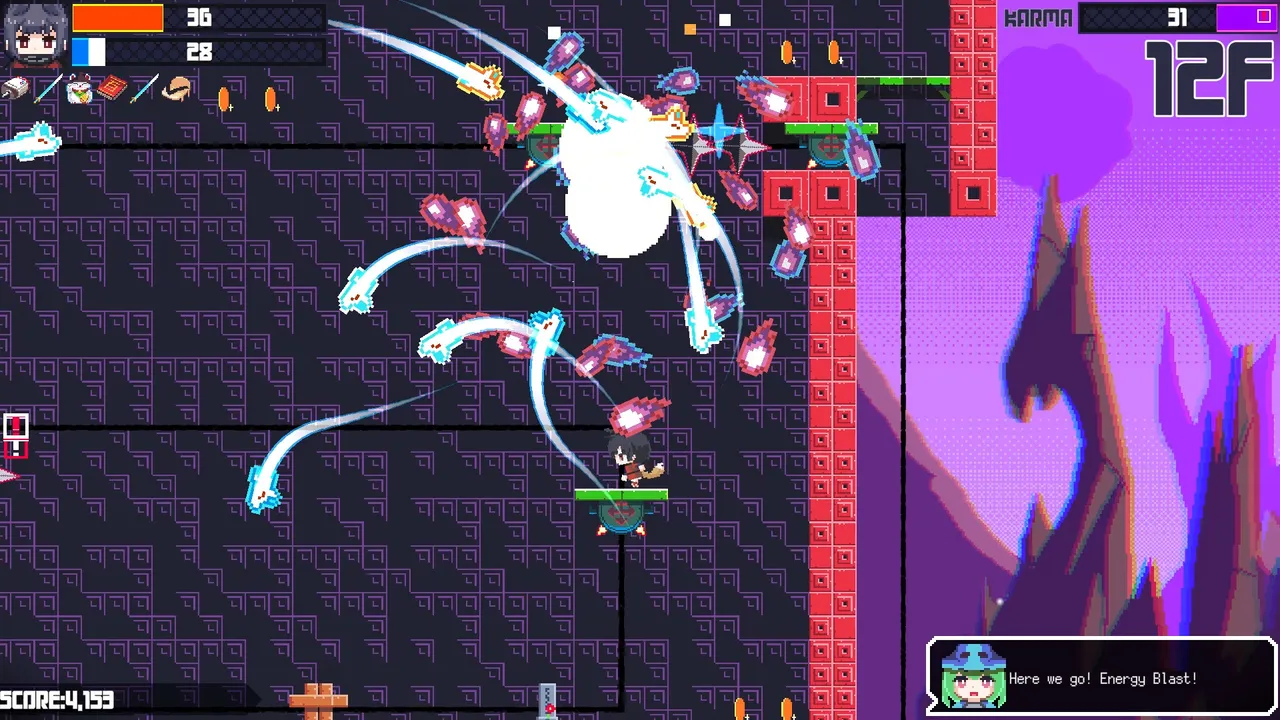 TOKOYO: a character on floor 12 among pink enemy bullets and a burst of light in a dark brick tower