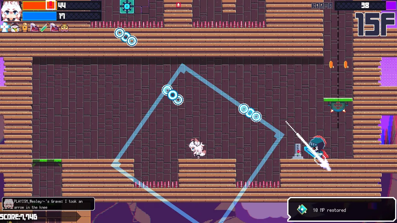 TOKOYO gameplay on floor 15: a white-haired character dodges spinning blades in a wooden room, with another player's grave message shown