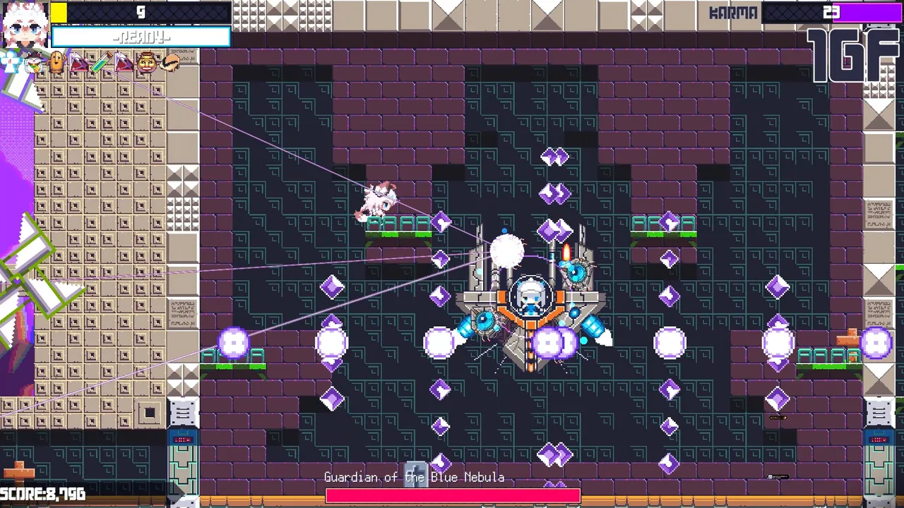 TOKOYO: a boss fight on floor 16 against the Guardian of the Blue Nebula, which fires purple bullets across the room