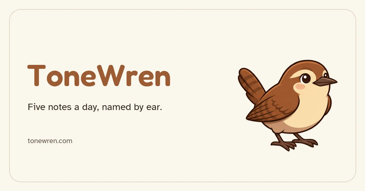 ToneWren's own art: the name and the line Five notes a day, named by ear, beside a cartoon wren