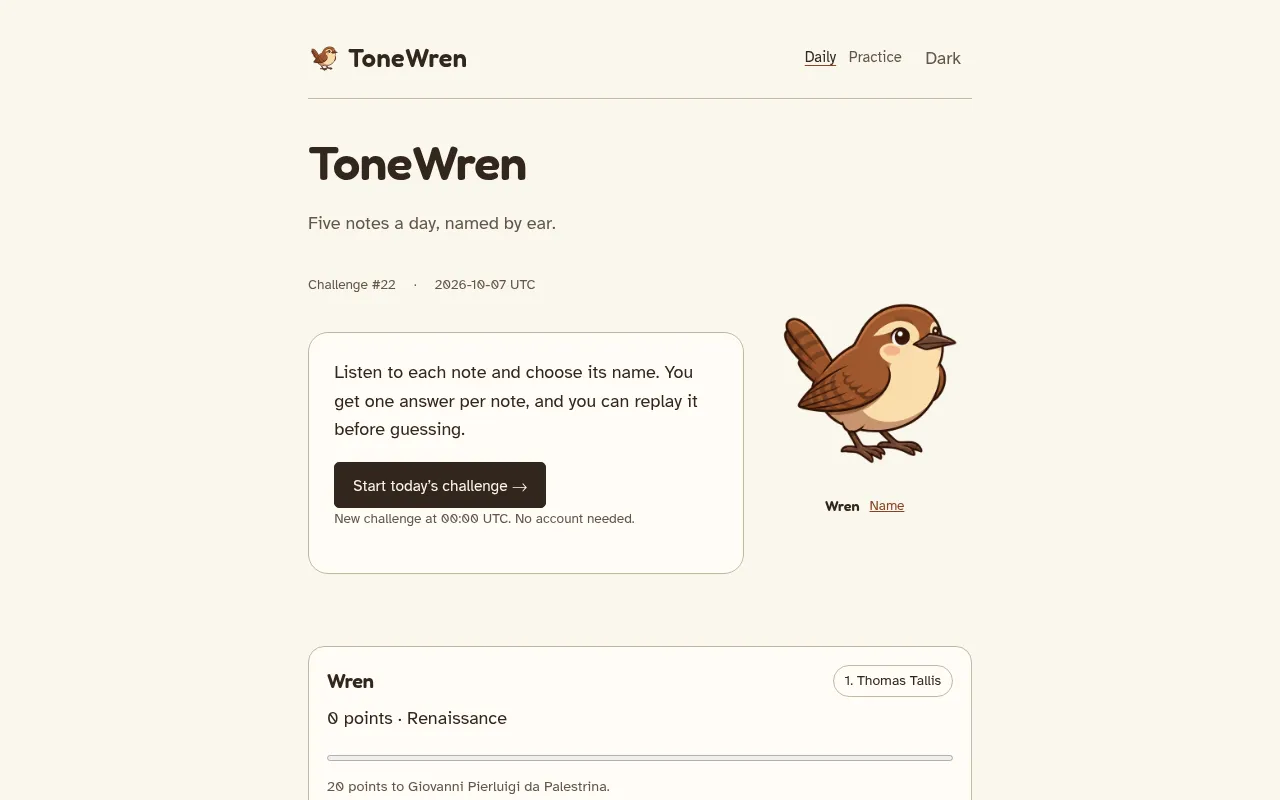 ToneWren's daily page: Five notes a day, named by ear, challenge #22, a Start today's challenge button and the brown wren mascot