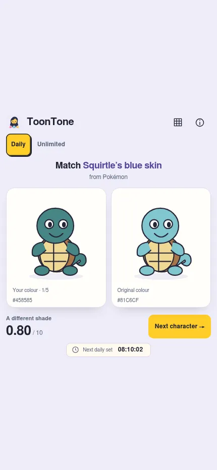 ToonTone on a phone after a guess: the player's teal Squirtle beside the original light blue #81C6CF, scored 0.80 out of 10