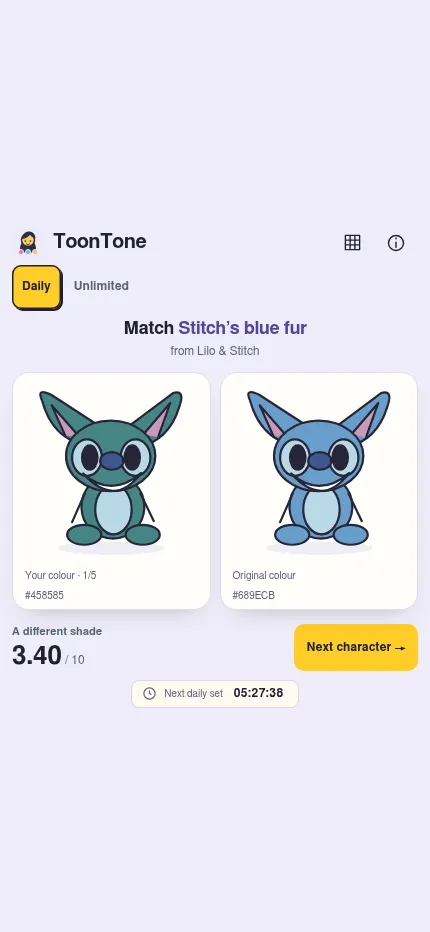 ToonTone on a phone after a guess: the player's Stitch beside the original blue colour, scored 3.40 out of 10