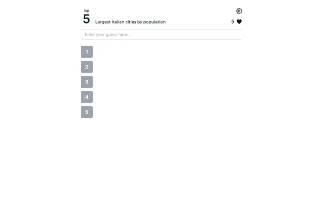 Top 5 Trivia board for today's category, Largest Italian cities by population: a guess box above five empty numbered slots, with five lives