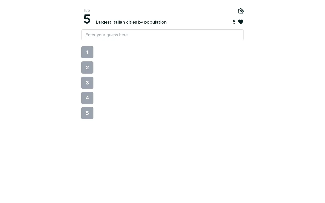 Top 5 Trivia board for today's category, Largest Italian cities by population: a guess box above five empty numbered slots, with five lives
