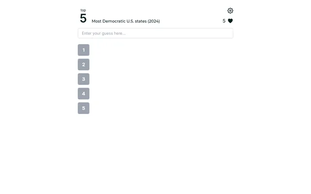 Top 5 Trivia board for 28 October 2026, Most Democratic U.S. states (2024): a guess box above five empty numbered slots, with five lives shown