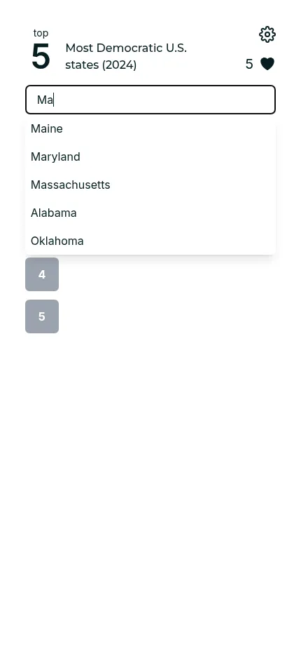 Top 5 Trivia on a phone: typing Ma into the guess box lists matching states (Maine, Maryland, Massachusetts) above the numbered slots