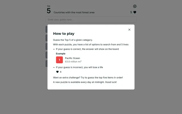 Top 5 Trivia on the category Countries with the most forest area, with its How to play box open over the five empty slots and five lives
