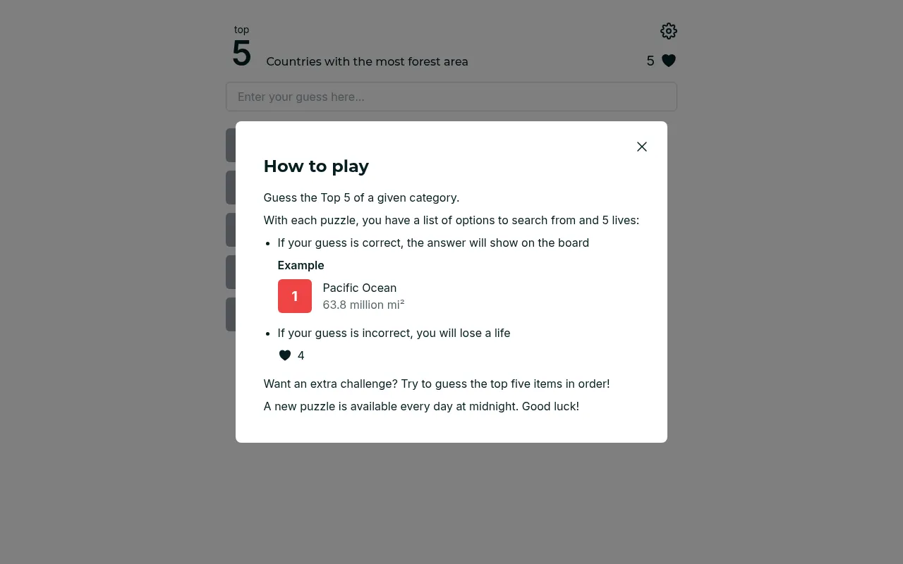 Top 5 Trivia on the category Countries with the most forest area, with its How to play box open over the five empty slots and five lives
