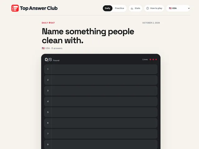 Top Answer Club USA Daily #047 with the question Name something people clean with and an empty board of eight answers