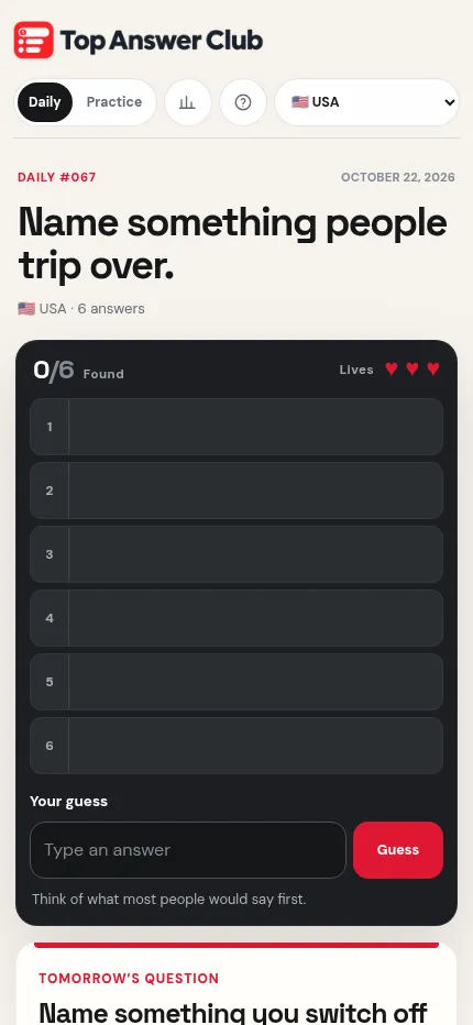 Top Answer Club USA Daily #067 for October 22, 2026 on a phone: Name something people trip over, an empty board of six answers and three lives