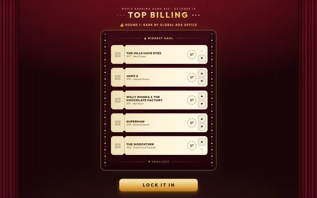 Top Billing night 63, October 18 ('70s Movies): five film tickets, from The Hills Have Eyes to The Godfather, to rank by global box office before Lock It In
