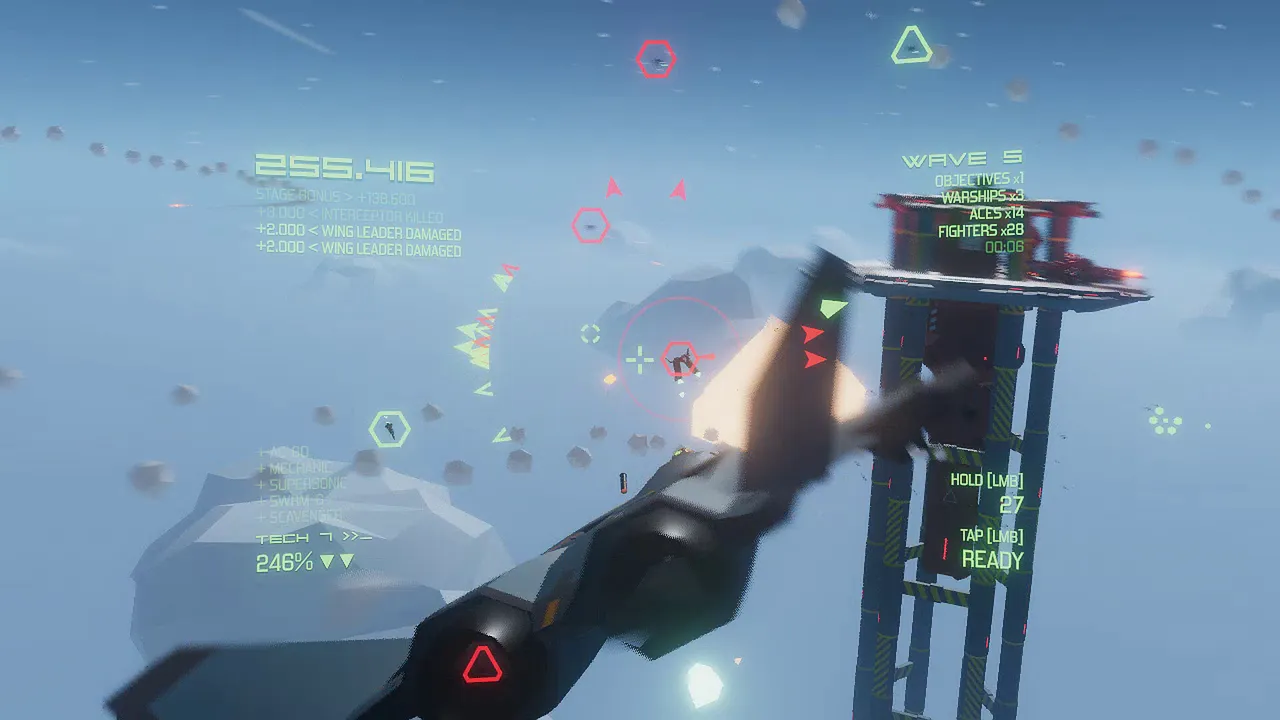 TOP DOG: the jet banks past a sky tower while targeting fighters in wave 5, with upgrades listed at lower left