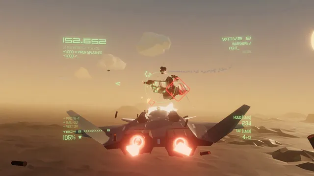 TOP DOG in play: a VTOL jet over a desert locks on to an enemy fighter, with the score, wave count and tech level on the HUD