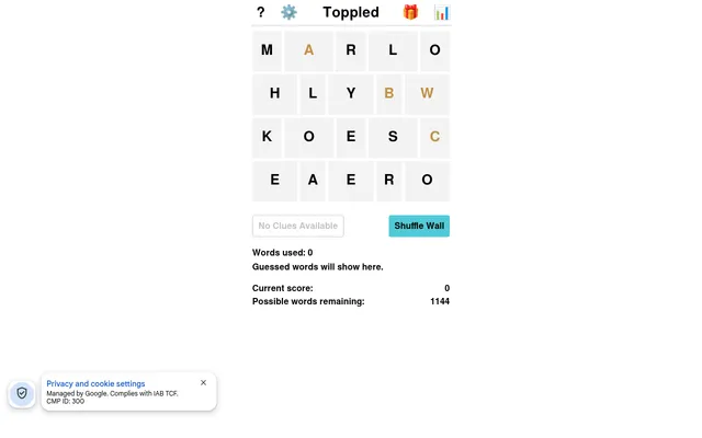 A Toppled wall of twenty letters in four rows, with A, B, W and C in gold, a Shuffle Wall button and 1144 possible words remaining