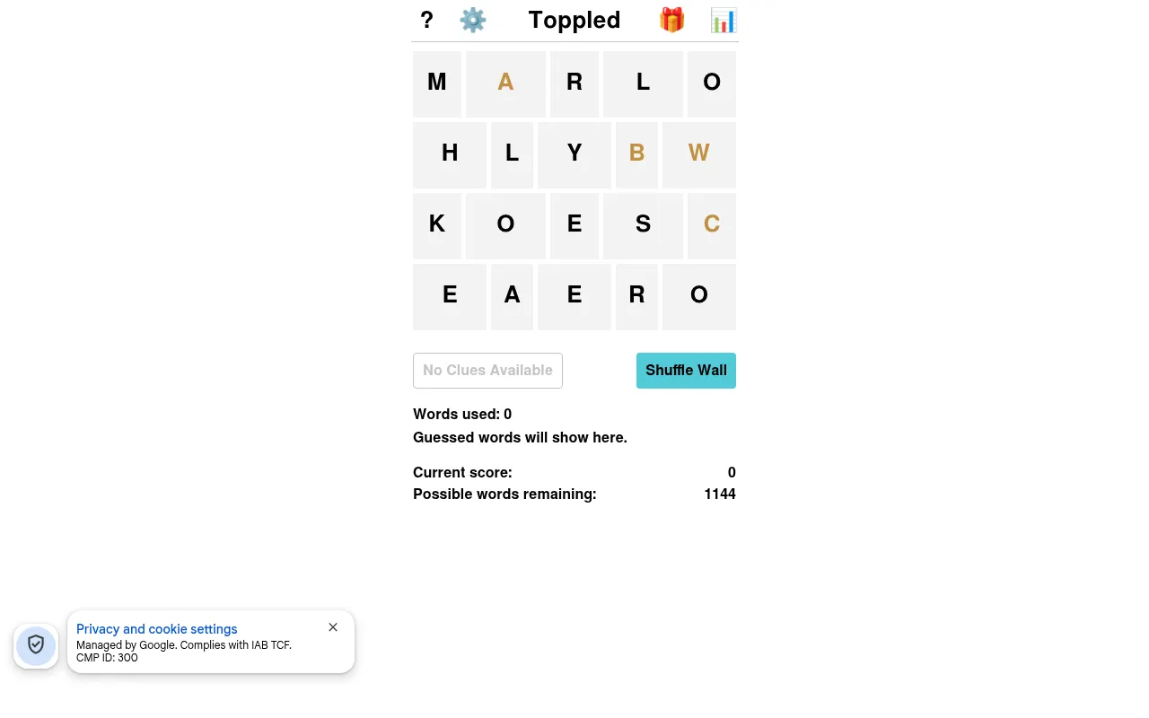 A Toppled wall of twenty letters in four rows, with A, B, W and C in gold, a Shuffle Wall button and 1144 possible words remaining
