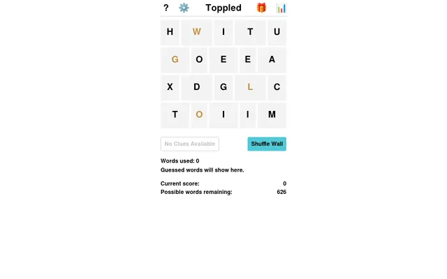 Toppled #993 on 28 October 2026: a wall of twenty letters in four rows with G, L, O and W in gold, a Shuffle Wall button and 626 possible words remaining