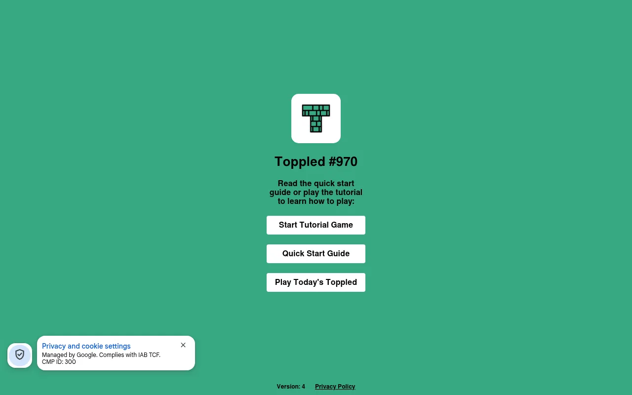 Toppled #970 start screen with the game's brick T icon and buttons for the tutorial, the quick start guide and today's game