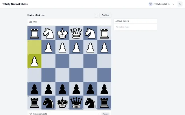 Totally Normal Chess Daily Mini for Oct 21 2026: the 6x6 starting board after the bot's first pawn move, with an empty Active Rules panel