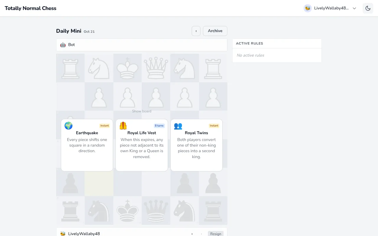 Totally Normal Chess rule draft after three moves: three cards, Earthquake, Royal Life Vest and Royal Twins, offered over the 6x6 board