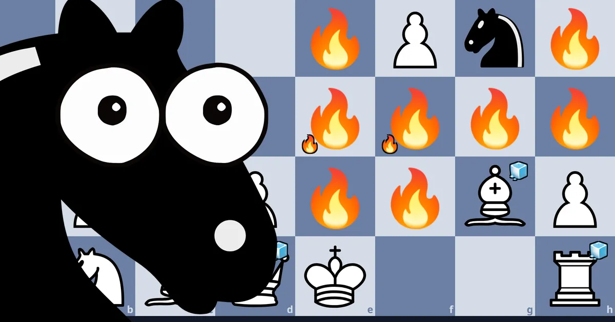 Totally Normal Chess board covered in fire with frozen pieces and a cartoon knight