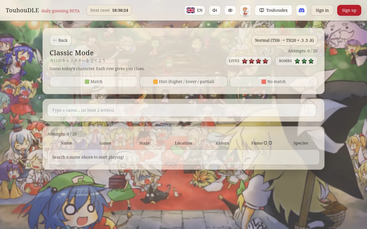 Touhoudle Classic mode on Normal difficulty: lives and bombs counters, the colour legend, a name box and the clue columns Name, Game, Stage, Location, Colors, Fumo and Species over a crowd of Touhou c
