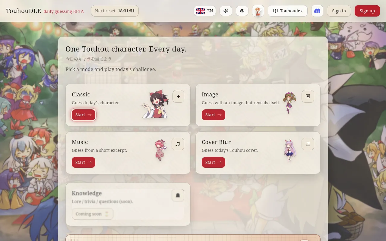 The Touhoudle home page headed One Touhou character. Every day., with Start buttons for Classic, Image, Music and Cover Blur and the next reset countdown