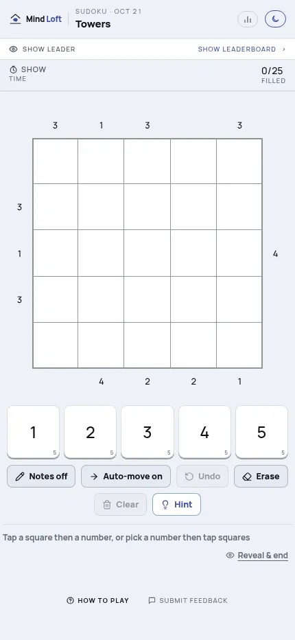 Towers on a phone for October 21, 2026: the whole 5x5 skyscrapers grid with its edge clues, above the 1 to 5 number pad and the Notes, Undo, Erase and Hint buttons