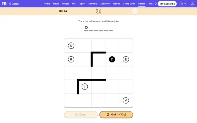 Daily Mail Trace for 7 October 2026 in play: a 5 by 5 grid with the letters N, R, D, E, I and V and walls, a seven-letter word starting with D to trace through every tile, and Clear and Hint buttons