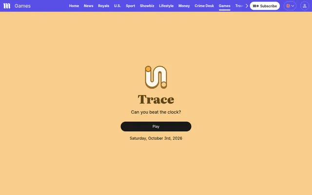 The Trace start screen for Saturday, October 3rd, 2026: the game's winding-path logo, the name Trace, Can you beat the clock? and a Play button