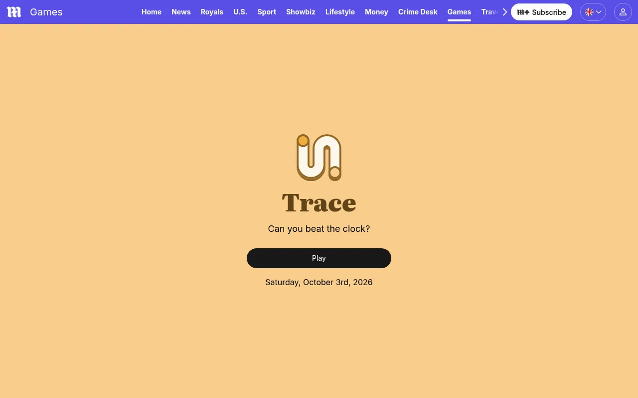 The Trace start screen for Saturday, October 3rd, 2026: the game's winding-path logo, the name Trace, Can you beat the clock? and a Play button