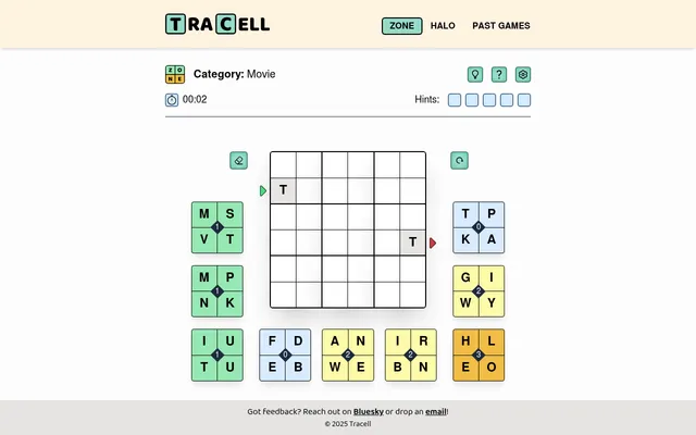 A Tracell Zone board: an empty 6 by 6 grid with start and end arrows, surrounded by colour-coded 2x2 letter tiles to place