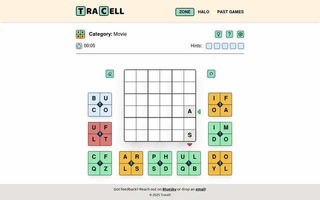 Tracell Zone for 26 October 2026, category Movie: an empty 6x6 board with fixed A and S cells and arrows, ringed by ten colour-coded 2x2 letter tiles with numbers