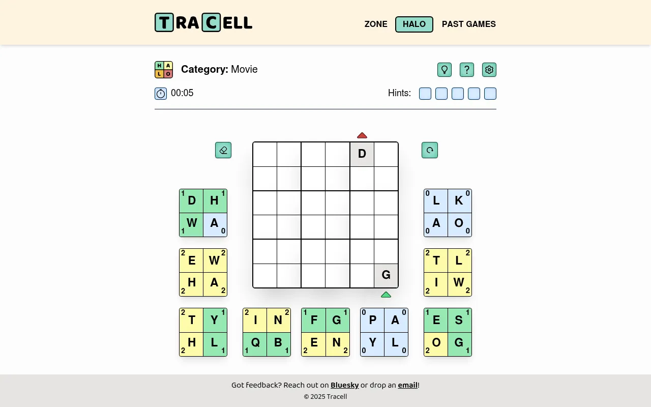 Tracell Halo for 26 October 2026, category Movie: a 6x6 board with fixed D and G cells and arrows, and 2x2 letter tiles with neighbour counts in their corners