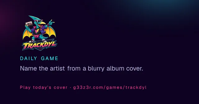 Trackdyl share image with its cartoon pterodactyl logo and the line Name the artist from a blurry album cover