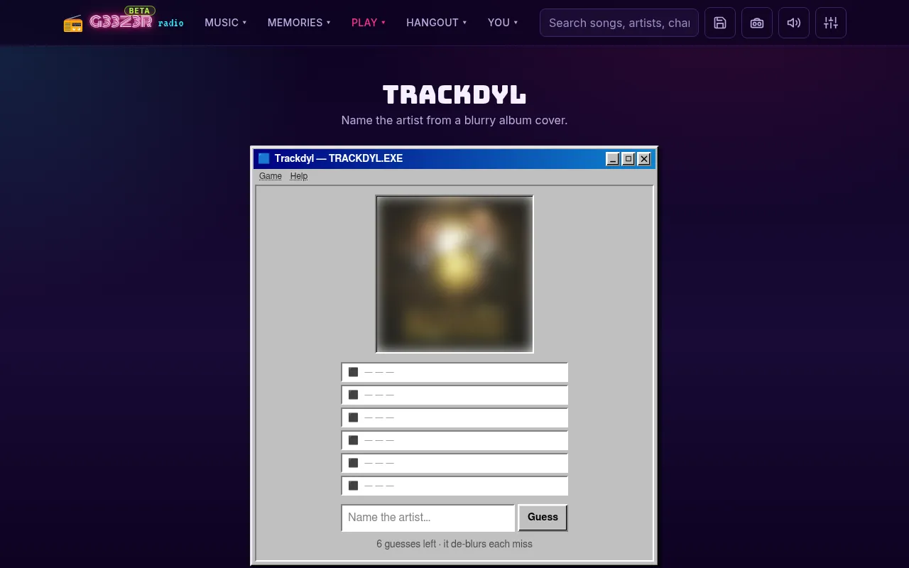 Today's Trackdyl board in its TRACKDYL.EXE window: a heavily blurred album cover above six empty guess rows, a Name the artist box and 6 guesses left