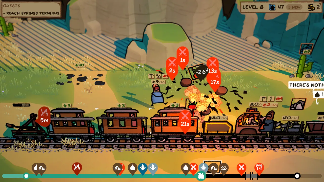 Trackline Express: raiders attack a long train of passenger wagons with explosions and countdown markers