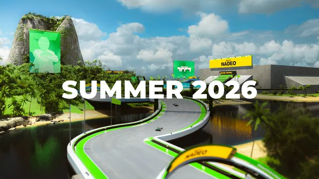 A Trackmania road winding over water past palm trees and a Nadeo stadium