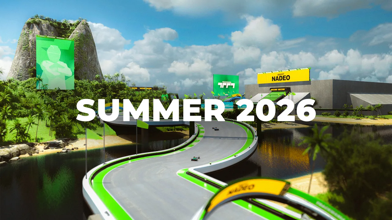 A Trackmania road winding over water past palm trees and a Nadeo stadium