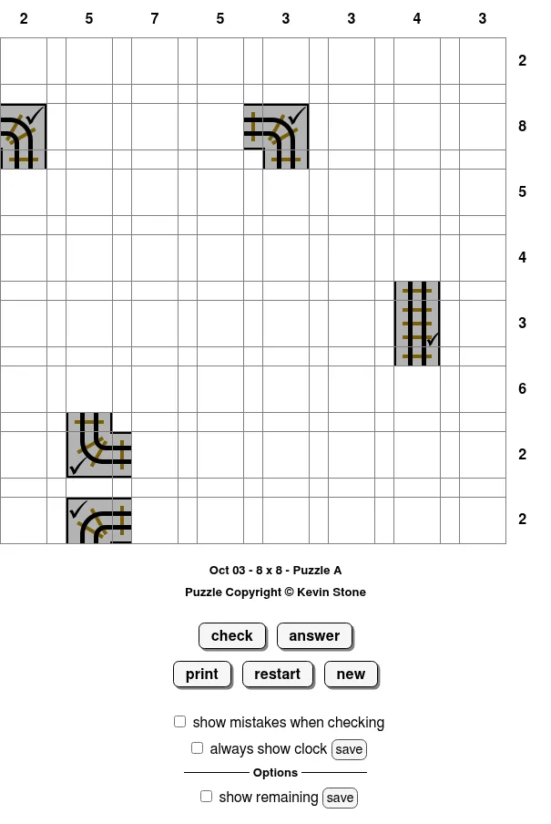 BrainBashers Tracks for 3 October, 8x8 Puzzle A: a grid with a few curved and straight railway pieces given and track counts along the top and right