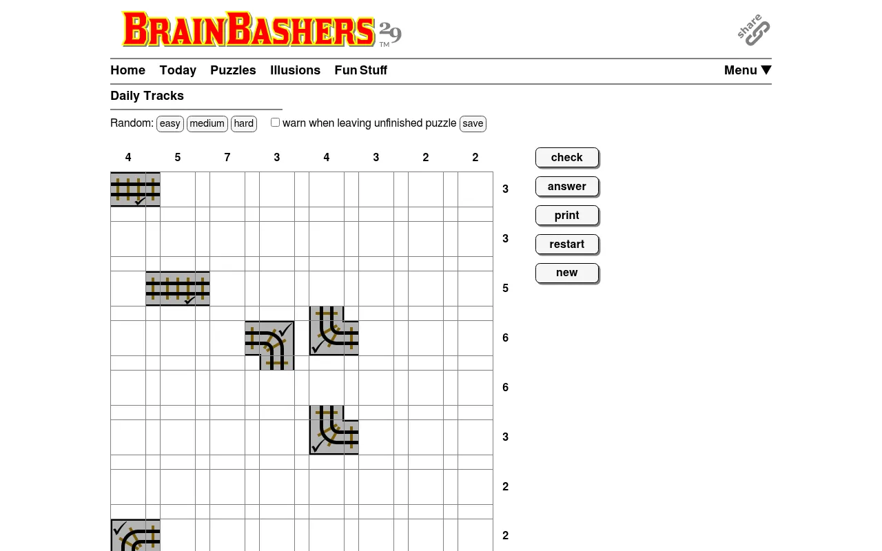 BrainBashers Tracks for 29 October, 8x8 Puzzle A: an empty grid with a few given straight and curved track pieces, column counts on top, row counts at the right
