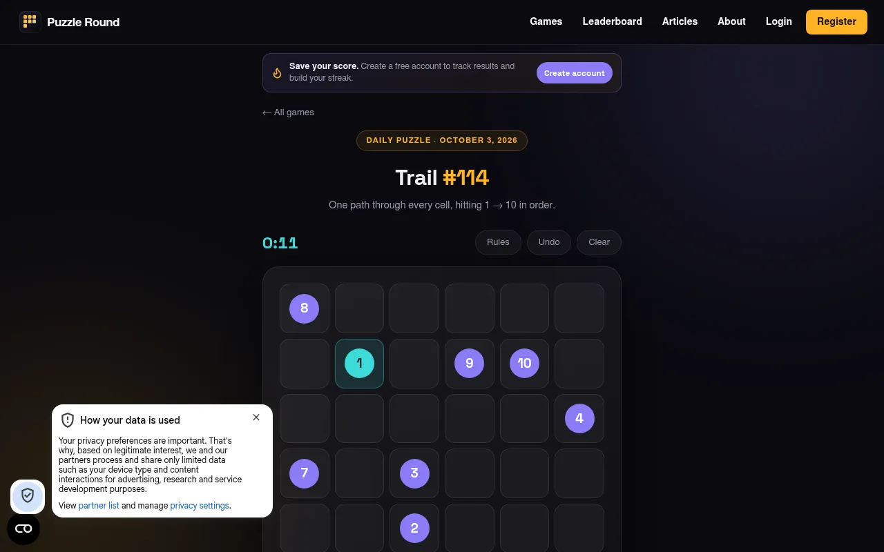 Trail #114 on Puzzle Round for October 3, 2026: a 6x6 grid with numbered circles from 1 to 10 for drawing one path