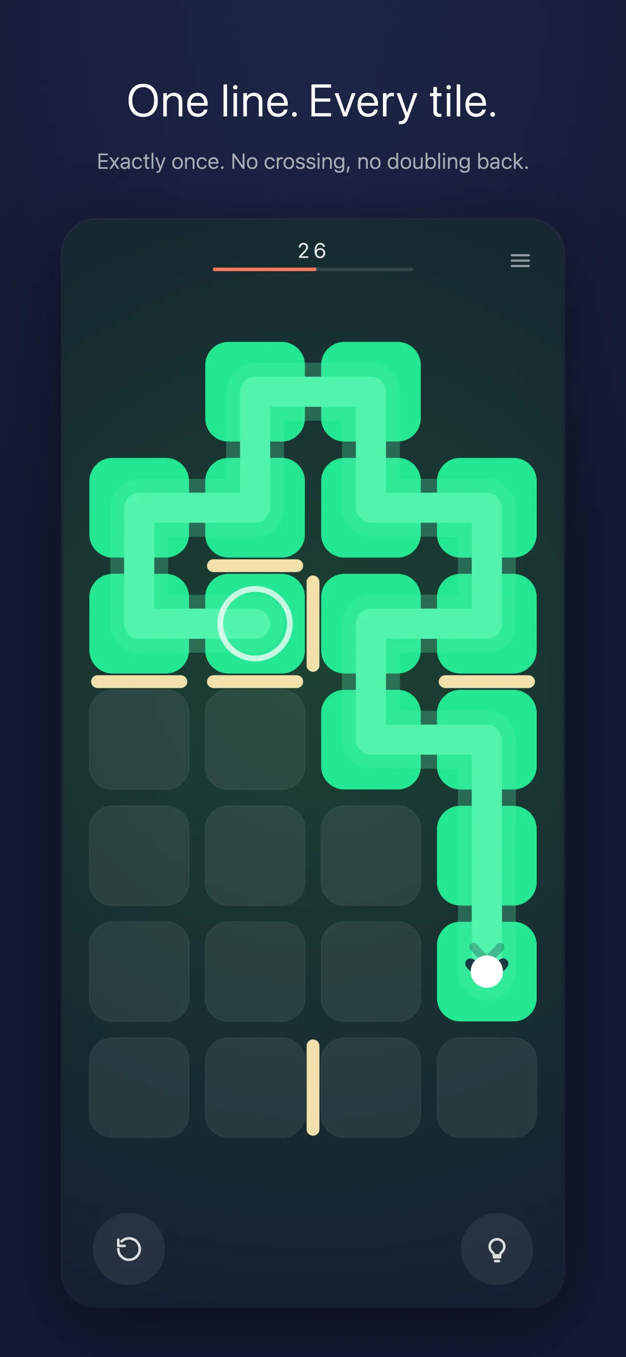 Trail level 26 on an iPhone: a green line winding through part of a 4 by 7 grid of tiles, with short walls between some tiles