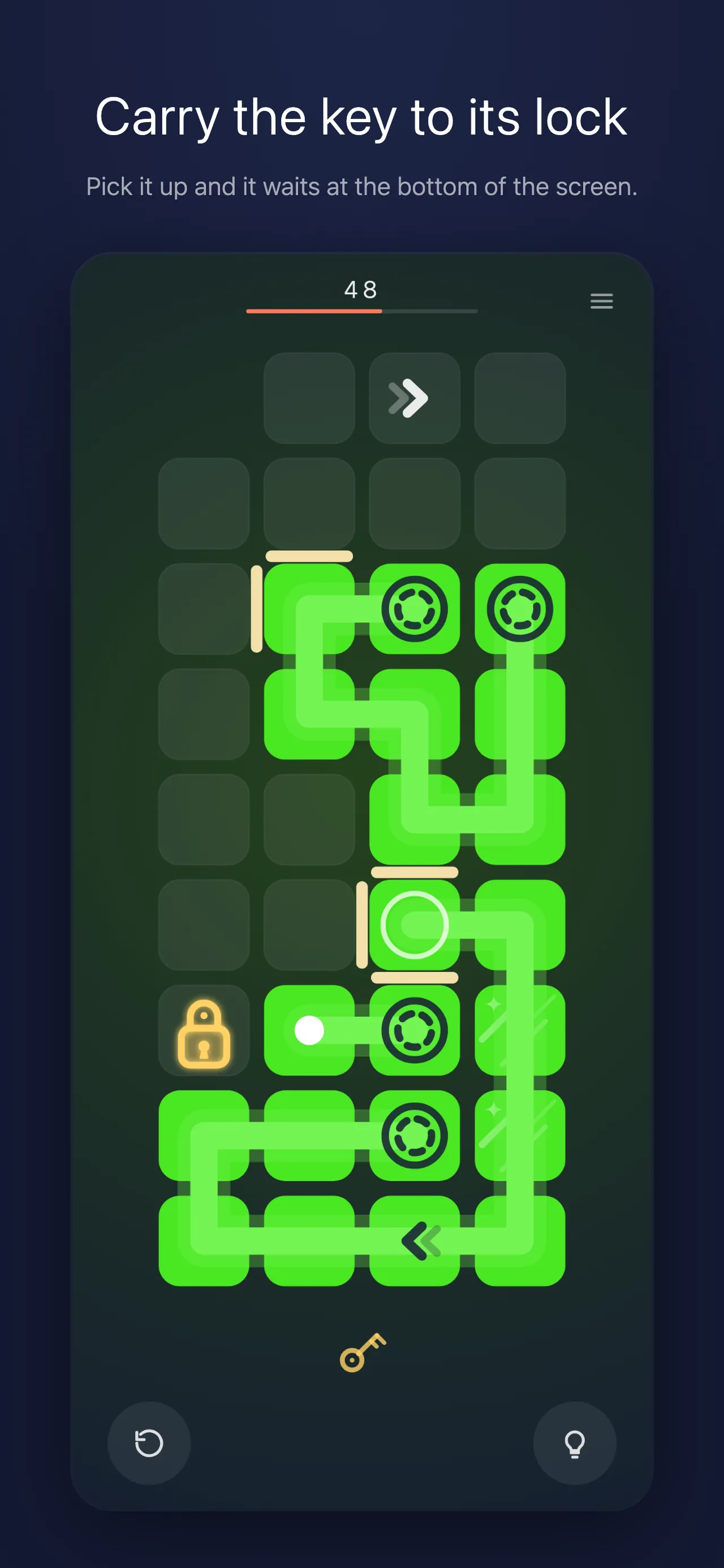 Trail level 48: the line runs through arrow and ring tiles toward a padlock tile, with a key waiting at the bottom of the screen