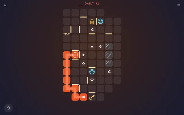 Trail Daily 32 on 29 October 2026: an orange line drawn from the ring down the left edge of a large board with walls, arrows, blue beamers, ice tiles, a key and a padlock