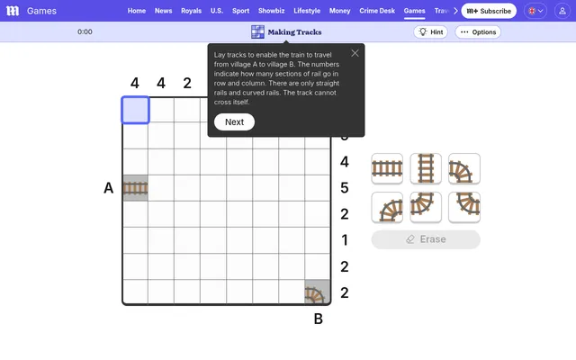 Today's Making Tracks board on the Daily Mail: an 8 by 8 grid with village A on the left and B at the bottom, rail counts by each row and column, and some rails given.